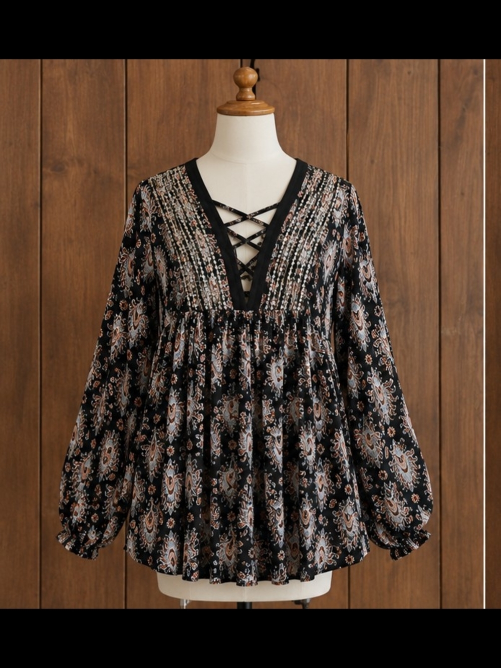 Boho Black Paisley Lace-Up V-Neck Women's Top XS